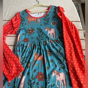 Colorful Horse Print Dress with Polka Dot Sleeves